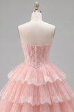 Corsetto floreale in tulle rosa A-Line Sweetheart Dress, abito di homecoming a livelli