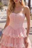Corsetto floreale in tulle rosa A-Line Sweetheart Dress, abito di homecoming a livelli