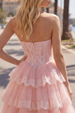Corsetto floreale in tulle rosa A-Line Sweetheart Dress, abito di homecoming a livelli