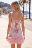 Abito rosa di Homecoming con paillettes floreali con scollo quadrato e volant