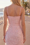 Abito rosa Bodycon con spalline spaghetti e perline floreale a casa, fiocco