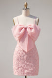 Abito rosa Bodycon con spalline spaghetti e perline floreale a casa, fiocco