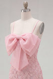 Abito rosa Bodycon con spalline spaghetti e perline floreale a casa, fiocco