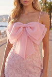 Abito rosa Bodycon con spalline spaghetti e perline floreale a casa, fiocco