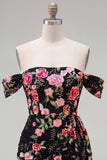 Abito nero, bodycon scolla, floreale di homecoming con fascia