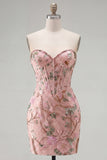 Vestito di Homecoming con corsetto floreale Pink Bodycon Sweetheart con perline