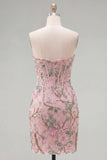 Vestito di Homecoming con corsetto floreale Pink Bodycon Sweetheart con perline
