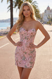 Vestito di Homecoming con corsetto floreale Pink Bodycon Sweetheart con perline