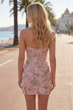 Vestito di Homecoming con corsetto floreale Pink Bodycon Sweetheart con perline