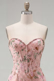 Vestito di Homecoming con corsetto floreale Pink Bodycon Sweetheart con perline