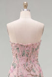 Vestito di Homecoming con corsetto floreale Pink Bodycon Sweetheart con perline