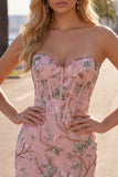 Vestito di Homecoming con corsetto floreale Pink Bodycon Sweetheart con perline