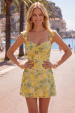 Abito di Homecoming Bodycon Heartin ricamato con paillettes floreali gialle