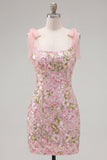 Vestito romantico rosa con paillettes ricamato a casa, con cinturini a fiocco