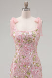 Vestito romantico rosa con paillettes ricamato a casa, con cinturini a fiocco