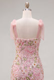 Vestito romantico rosa con paillettes ricamato a casa, con cinturini a fiocco