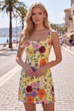 Abito di ritorno a casa bodycon bodycon collo quadrato giallo con ricamo