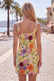 Abito di ritorno a casa bodycon bodycon collo quadrato giallo con ricamo