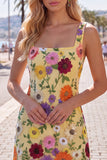 Abito di ritorno a casa bodycon bodycon collo quadrato giallo con ricamo