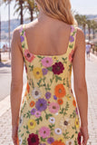 Abito di ritorno a casa bodycon bodycon collo quadrato giallo con ricamo