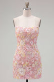 Vestito rosa corto bodycon corto a flore, senza spalline e con perline