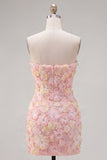 Vestito rosa corto bodycon corto a flore, senza spalline e con perline