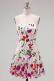 Vestito corto del ritorno a casa con spalline rosa rosso a linea A, con ricamo