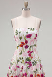 Vestito corto del ritorno a casa con spalline rosa rosso a linea A, con ricamo