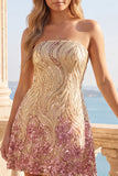 Abito di Homecoming con paillettes scintillanti a linea A dorato e rosa, senza spalline