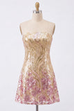 Abito di Homecoming con paillettes scintillanti a linea A dorato e rosa, senza spalline