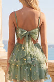 Corsetto floreale in tulle salvia A-Line con fiocco e fiocco