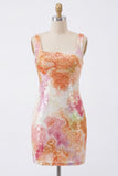 Abito di Homecoming con paillettes arancioni con scollo quadrato scintillante Bodycon