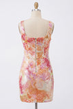 Abito di Homecoming con paillettes arancioni con scollo quadrato scintillante Bodycon