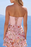 Corsetto rosa senza spalline a linea A, vestito floreale di ritorno a casa con volant