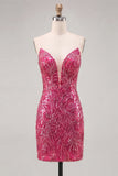 Vestito di Homecoming con paillettes Bodycon Fucsia Fucsia Scintillante con Pizzo Indietro