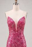 Vestito di Homecoming con paillettes Bodycon Fucsia Fucsia Scintillante con Pizzo Indietro