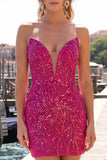 Vestito di Homecoming con paillettes Bodycon Fucsia Fucsia Scintillante con Pizzo Indietro