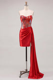 Sweetheart Red Bodycon Corsetto trasparente con paillettes Abito di Homecoming con fascia