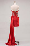 Sweetheart Red Bodycon Corsetto trasparente con paillettes Abito di Homecoming con fascia