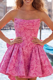 Vestito di ritorno a casa rosa acceso, floreale senza spalline in stile Jacquard A-line, con pizzo sulla schiena