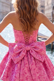 Vestito di ritorno a casa rosa acceso, floreale senza spalline in stile Jacquard A-line, con pizzo sulla schiena
