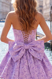 Vestito di ritorno a casa rosa acceso, floreale senza spalline in stile Jacquard A-line, con pizzo sulla schiena