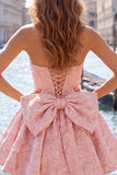 Vestito di ritorno a casa rosa acceso, floreale senza spalline in stile Jacquard A-line, con pizzo sulla schiena