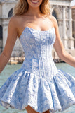 Abito di Homecoming senza spalline in Corsetto Floreale Jacquard blu A-Line
