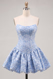 Abito di Homecoming senza spalline in Corsetto Floreale Jacquard blu A-Line