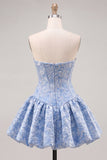 Abito di Homecoming senza spalline in Corsetto Floreale Jacquard blu A-Line