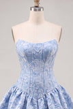 Abito di Homecoming senza spalline in Corsetto Floreale Jacquard blu A-Line