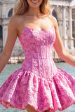 Abito di Homecoming senza spalline in Corsetto Floreale Jacquard blu A-Line