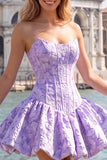 Abito di Homecoming senza spalline in Corsetto Floreale Jacquard blu A-Line