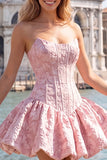 Abito di Homecoming senza spalline in Corsetto Floreale Jacquard blu A-Line